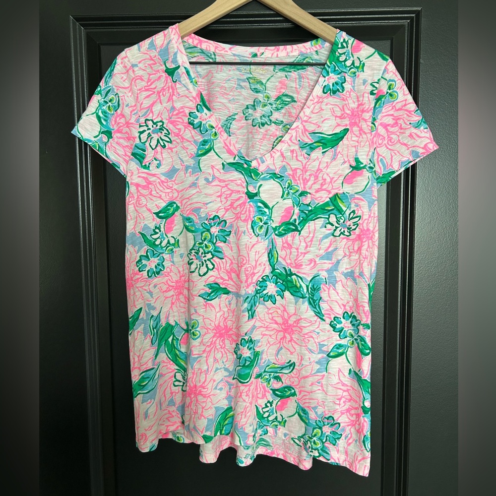 Lilly Pulitzer Etta V-Neck Pink Blossom Try Your Zest Top T-Shirt Tee Medium EUC